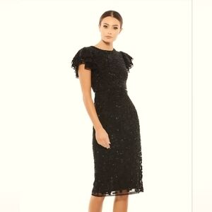 Mac Duggal 10827 Black Flounce Sleeve Beaded Midi Dress Size 12